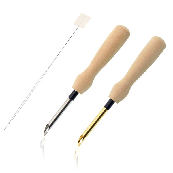 2 Pcs Embroidery Needle Pen and Threaders Wooden Handle Embroidery Pen Set Sewing Embroidery Punch Needle Weaving Tools for DIY Craft Stitching Applique Embellishment