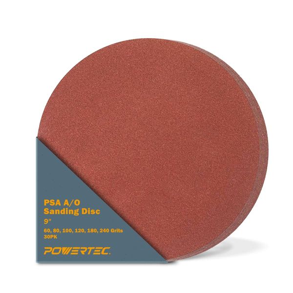 POWERTEC 110341V 9-Inch PSA Aluminum Oxide Adhesive Sanding Disc 5 pcs of Each Grits: 60/80/100/120/180/240, 30 PK