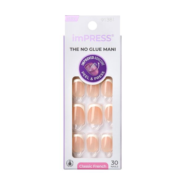 KISS imPRESS No Glue Mani Press-On Nails, French, Model', Light Neutral + White Tip French, Short Size, Squoval Shape, Includes 30 Nails, Prep Pad, Instructions Sheet, 1 Manicure Stick, 1 Mini File