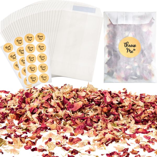 Wedding Confetti Bag Kit for 25-30 Guests, Including Natural Confetti Dried Flower Dried Rose Petals Glassine Paper Bags Wedding Confetti Stickers for Wedding Party Christmas Decor (Stylish Style)