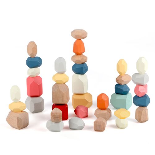Jacootoys 36 PCs Wooden Stacking Rocks Balancing Stones, Colorful Montessori Building Blocks Toys Wood Sorting Game for 3 4 5 6 Years Old Kids Boys and Girls