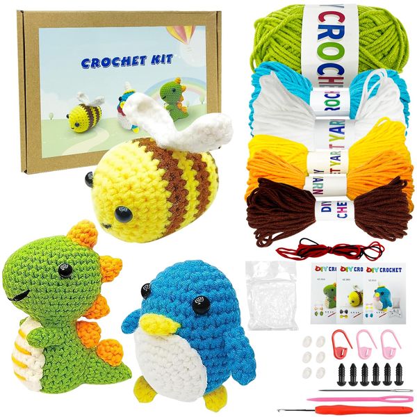 Ruikdly Crochet Set for Beginners 3 Animals Knitting for Beginners Set with Detailed Video Tutorials Creative Craft Knitting Chopping Set for Beginners and Adults (Penguin/Bees/Dinosaurs)
