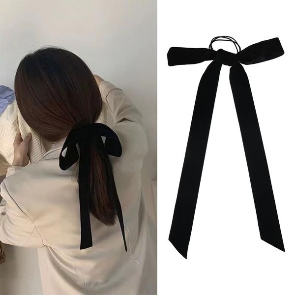 Ribbon Bow Hair Ties Black Velvet Hair Bows for Women Girls Hair Scrunchies with Long Tails Hair Ribbons Ponytail Holder Hair Rope Bow Accessories for Thick Long Hair