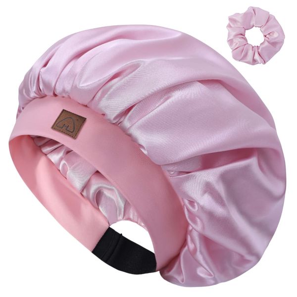 Hat Hut Satin Silk Bonnet for Curly Hair Sleep Cap for Women Sleeping Adjustable Hair Bonnet with Pattern Double Layer (Light Pink)