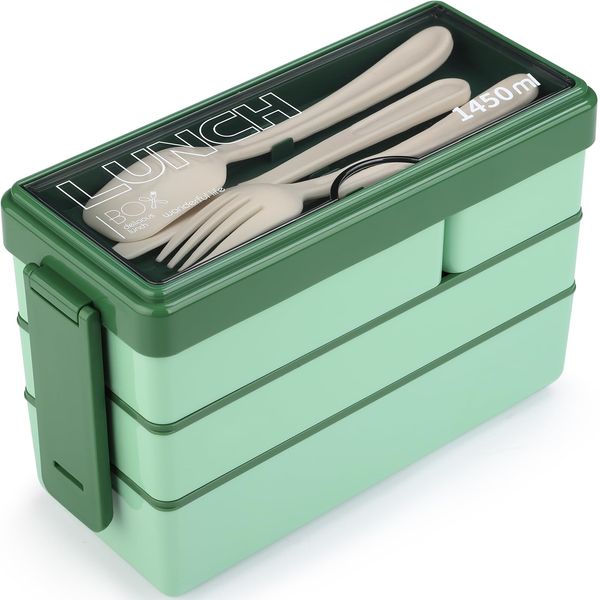 Bento Box Lunch Boxes,1450ml Bento Lunch Box for Adults Kids,Stackable 3 Layer 4 Compartments Japanese Lunch Box with Cutlery Set,Leak Proof Meal Prep Container Box,Microwave Dishwasher Safe (Green)