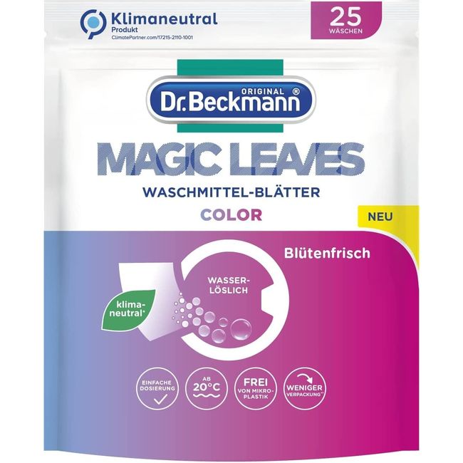 Dr. Beckmann MAGIC LEAVES Waschmittel-Blätter COLOR | vordosierte & wasserlösliche Waschblätter | platzsparend und leicht anzuwenden | 25 Blätter