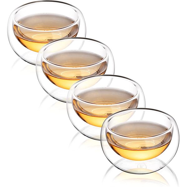 CNGLASS Double Wall Glass Tea Cup Set of 4,100ml Asian Insulated Clear Teacups,Small Espresso Cup for Coffee