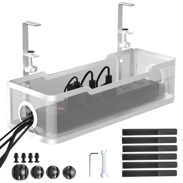 Under Desk Cable Management Tray White, Cinati Cable Management Under Desk No Drill, Cable Tray with Clamp for Desk Wire Management,Desk Cable Management Box for Office, Home - No Damage to Desk