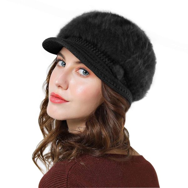 Genfien Brim Cap Newsboy Cap for Ladies Thick Fleece Lined Winter Knitted Beret Hat Vintage Crochet Peaked Chic Hat Lightweight Winter Black