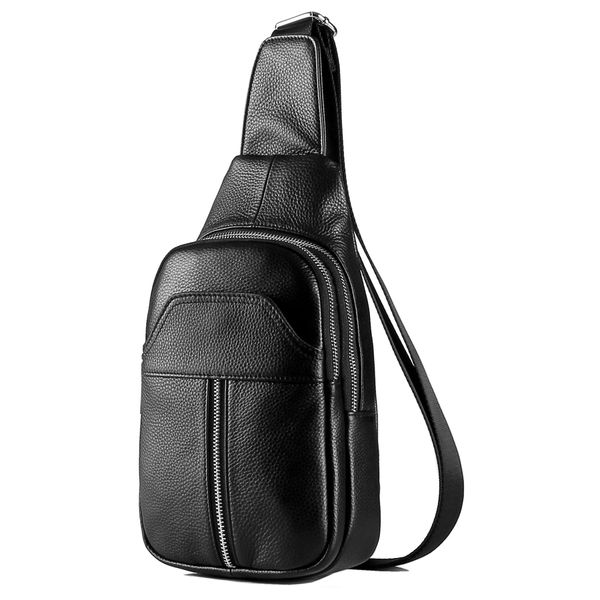 DK86 Genuine Leather Sling Bag for Men and Women Crossbody Small Fanny Packs Chest Travel Backpack Daypack Black