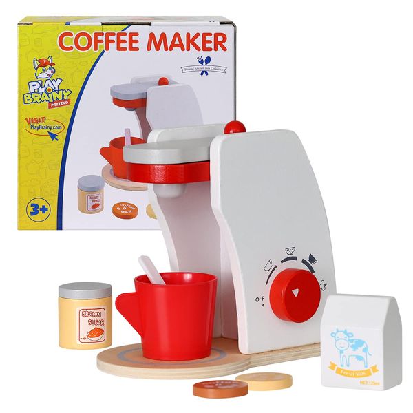 Play Brainy Coffee Maker with Breakfast Toy Food for Kids Kitchen Playset- 7 Piece Wooden Kitchen Accessories for Pretend Plays & Interactive Early Learning for Boys & Girls 3+