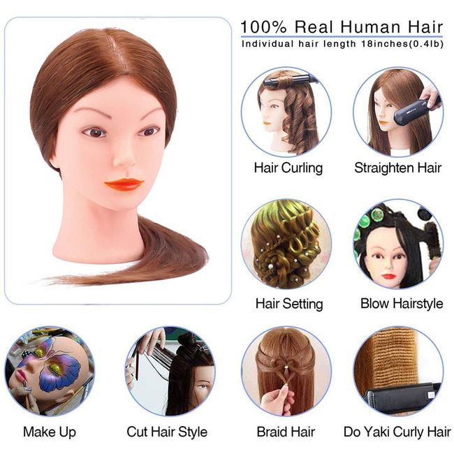 Mankainhead 100% Real Hair Mannequin Head,Training Manikin Cosmetology Doll  Head,Hairdresser Girls Practice Braiding HairStyling With Clamp