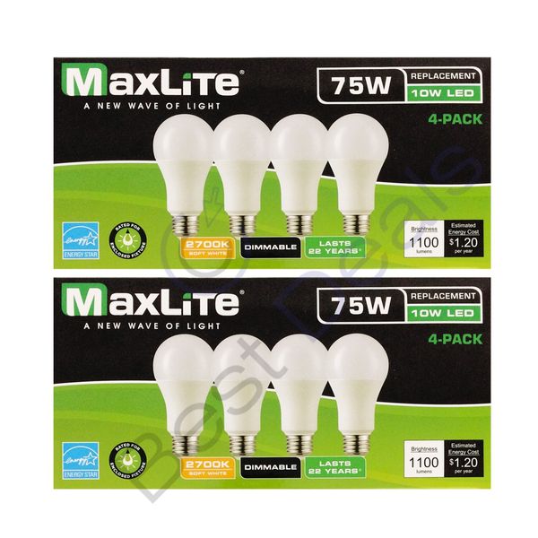 8-Pack Maxlite Dimmable 75W Replacement LED 10W Soft White Light Bulb A19 2700K