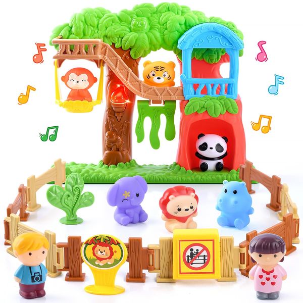 PLAY Safari Animals Figures Toys Playset, 20Pcs Realistic Jungle Forest Zoo Animals Figurines Tree House Playset with Lights & Sounds for Toddlers, Learning Toys Gifts for Girls Boy Ages 18M+