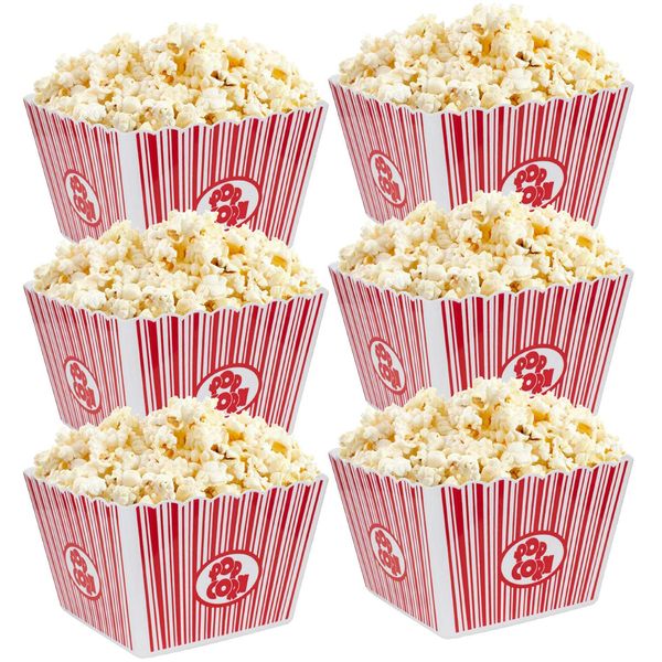 Hedume 6 Pack Popcorn Containers, Plastic Movie Theater Style Popcorn Container Set, Red & White Striped Classic Popcorn Boxes for Movie Night, Reusable (Square, 9" x 9" x 6")