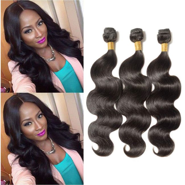 12 Inch Human Hair Weft Sew In Natural Black Brazilian Hair 3 Bundles Long Body Wave Unprocessed Hair Weave Extensions for Women 12"x3#1B 300g/pack