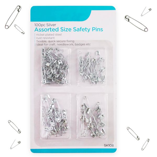 100 Safety Pins, Assorted Sizes, Rust Resistant Nickel Plated Steel Pin Kit, 55mm, 45mm, 37mm, 30mm, 18, Perfect for Securing Clothing, DIY Jewellery, Pinning & Hemming, Dressmaking and Sewing