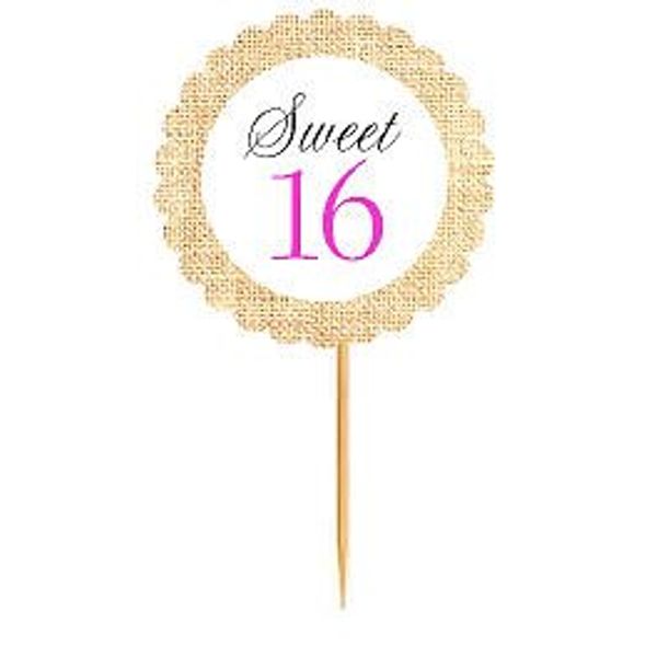 Sweet 16 Rustic Burlap Birthday Cupcake Decoration Topper Food Picks -12Pack