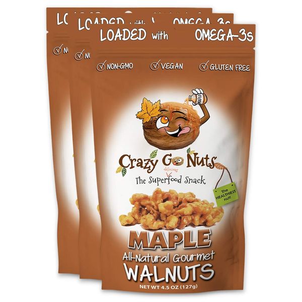 Crazy Go Nuts Walnuts - Maple, 4.5 oz (3-Pack) - Healthy Snacks, Vegan, Low Carb, Gluten Free, Superfood - Natural, Non-GMO, ALA, Omega 3 Fatty Acids, Good Fats, and Antioxidants