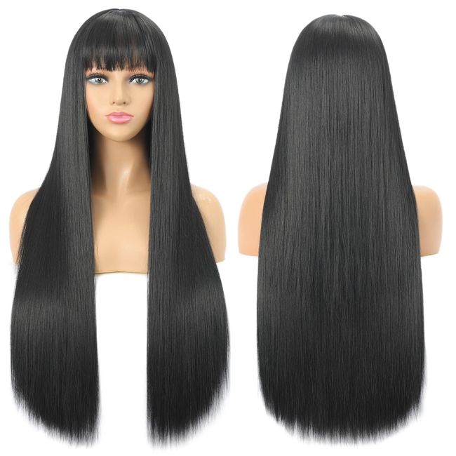 Perücke Schwarze Lang Gerade Perücke mit Pony für Damen, 30 Zoll Synthetische Kunstfaser Glatte Perücken für Frauen, Long Black Fringe Bangs Wig for Women