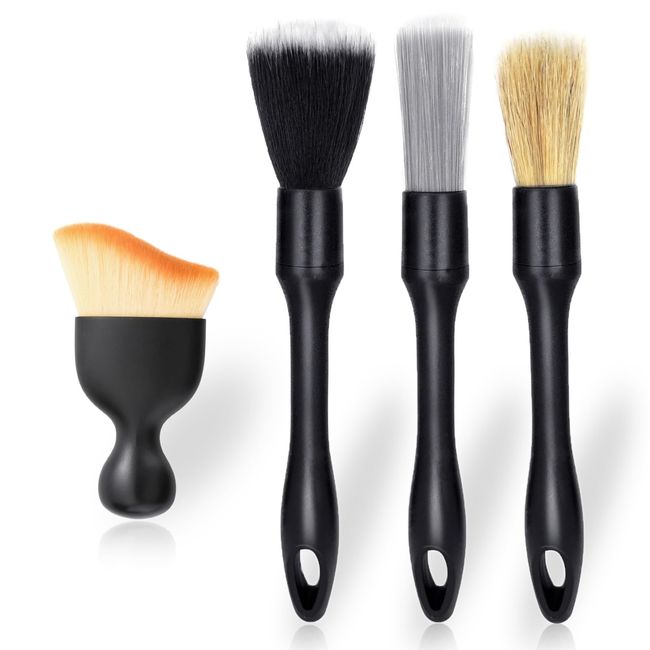 4 PCS Car Detailing Brush Set for Cleaning Interior or Exterior, Boars Bristle Detailing Brushes, Dusting Cleaning Supplies, Tool for Emblem, Air Vents, Wheels, Leather Upholstery Seat