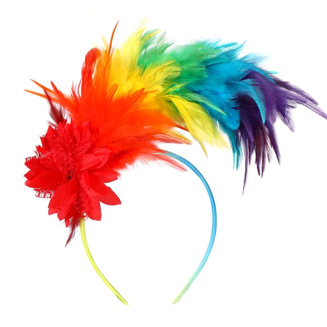 MWOOT Feather Headband, 1920s Feathered Fascinator, Rainbow Headpiece Headwear Accessories for Pride Parade Carnival Decor