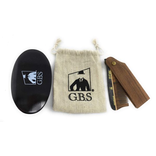 G.B.S Hair Care Set Synthetic Bristles, Handmade Foldable comb, Black Wood Beard Brush Synthetic Bristle and Pouch