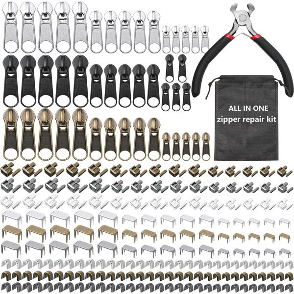 Yuxung 272 Pieces Zipper Repair Kit Replacement Zipper Pulls, Zipper Latch Slider, Installation Tools Zipper Stopper Slider Repair Tool Kit for Metal Plastic Nylon Coil Jacket Zippers (Size 8/5/3)