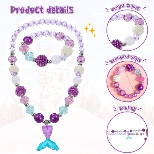 6 Sets Play Jewelry for Little Girls Princess Necklace Bracelet Set Includes Kid Beaded Necklace Bracelet with 8 Rings for Toddler Christmas Birthday Party Favors Cosplay (Heart, Flower Style)