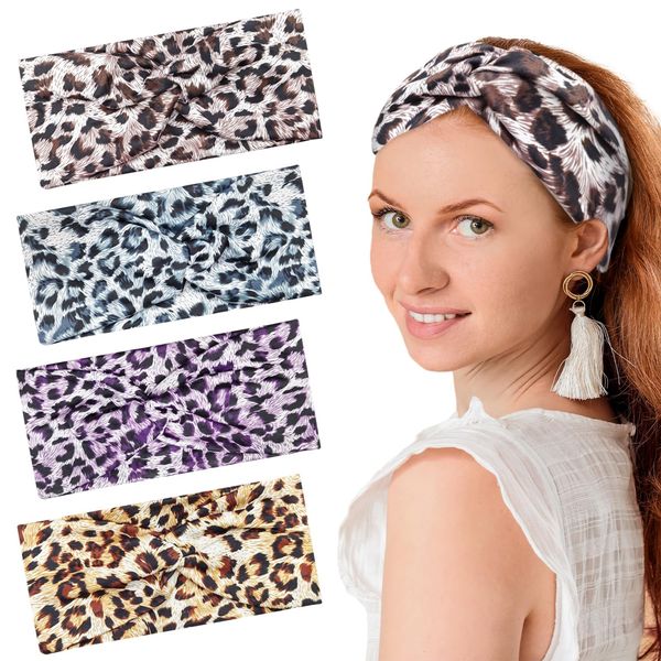 4 Pcs Headband, Headbands Print Leopard Headbands Wide Bandanas Accessories Hairband for Women Girls Knotted Head Bands for Adult Women Hair Suitable for Yoga Cycling Pilates Running