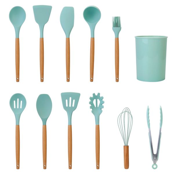 11-Piece Silicone Cooking Utensil Set with Heat-Resistant Wooden Handle - Spatula, Turner, Ladle, Spaghetti Server, Tongs, Spoon, Egg Whisk, and more! - Light Green