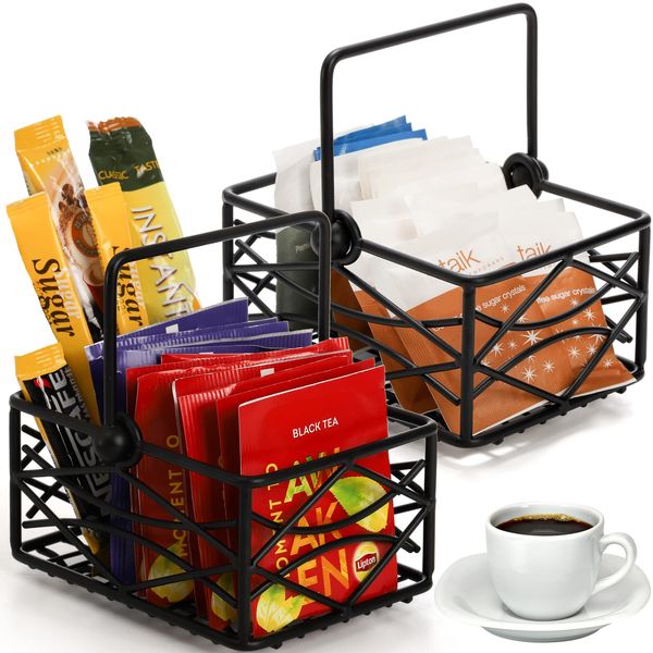 Yarlung 2 Pack Sugar Packet Basket Metal Wire Tea Bag Holder with Removable Stylish Handle, 4.7x3.5x2.5 Inches Coffee Bar Packet Coffee Pod Holder for Coffee Table, Office, Elegant Black