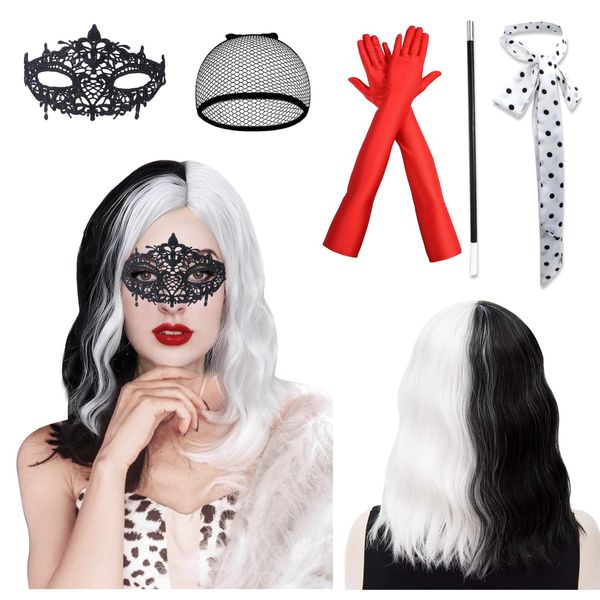 Cruella Kostüm Perücken Damen- Schwarz Weiß Locken 14 Zoll Mittellange Rolle Perücke Devil Cosplay mit Maske Handschuhen Halterung Tupfen Seidenschal Zubehör für Karneval Halloween Fasching Mottoparty