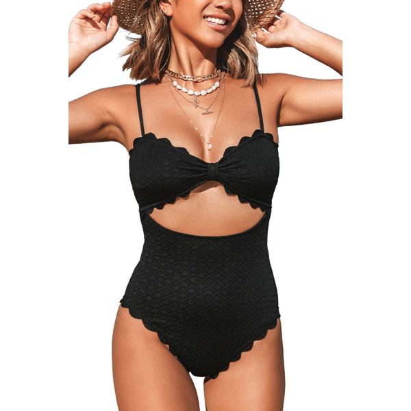 CUPSHE Women's One Piece Swimsuit Sexy Black Cutout Scallop Trim Bathing Suit, L