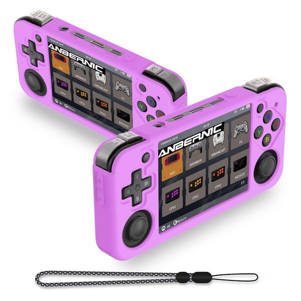 FIOPAZ Silicone Protective Case for rg35xx H,Soft Case Compatible with Anbernic rg35xx H,Retro Handheld Game Console Accessories,Silicone Case with Black Lanyard（Purple）