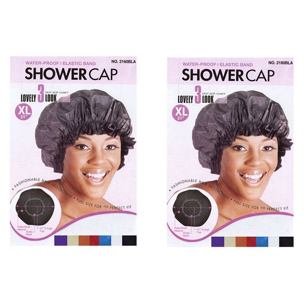 X-Large BLACK 21" Extra Large Water-Proof SHOWER CAP with Comfortable Elastic Band Black - 2 pieces