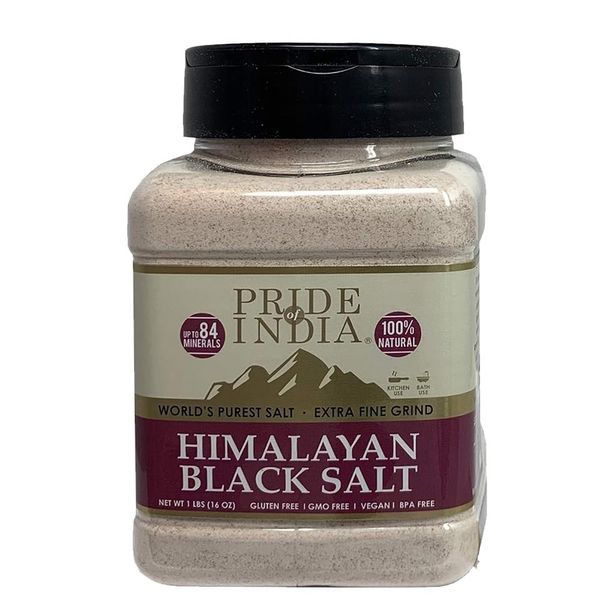 Pride Of India - Himalayan Black Salt (Kala Namak) Extra Fine, 1 Pound (16oz) Dual Sifter Jar - 84+ Natural Mineral Enriched - Great for Vegan Tofu Scrambles - Natural Faux Egg Flavor - Egg replacment