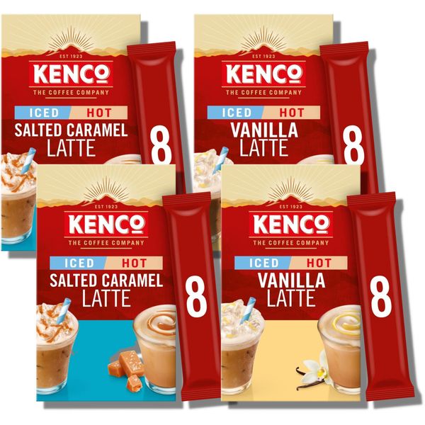 Kenco Iced Latte/Hot Latte Vanilla Instant Coffee Bunlde 8 Sachets 8 per pack and Kenco Latte Salted Caramel Iced/Hot Instant Coffee (Total of 32 Kenco Latte Sachets) bundled by TGBK