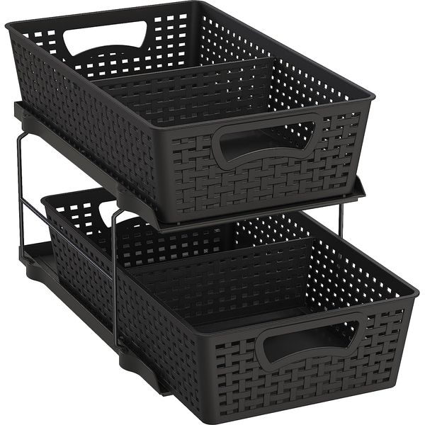 2 Tier Bathroom Organizer Tray Pull-Out Sliding Drawer/Under-Sink Storage, Black