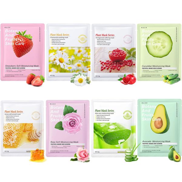 8er Pack Obst Gesichtstuchmaske, Masken Beauty, Kollagen Essenz Gesichtsmaske, Face Sheet Masks, Feuchtigkeitsspendende Gesichtstuchmasken mit Beruhigung, Feuchtigkeitsspendend/Aufhellend/Beruhigend