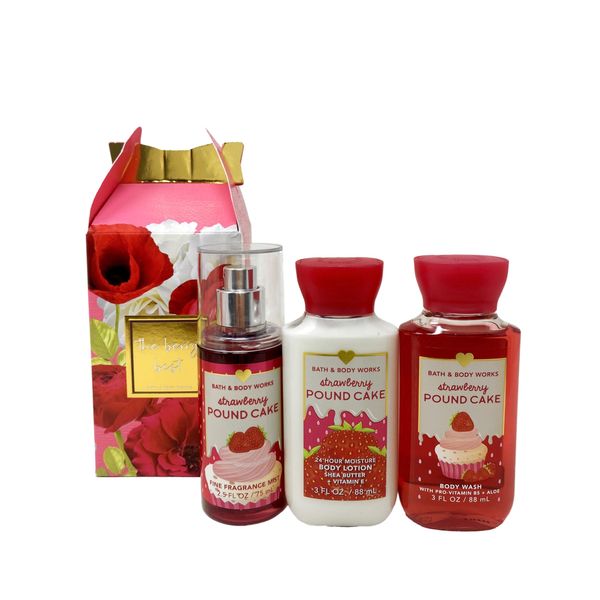 Generic Bath and Body Work Strawberry Pound Cake - Mini Gift Set Box - Fragrance Mist, Body Lotion and Body Wash