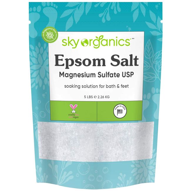 Sky Organics Epsom Salt - 100% Pure Magnesium Sulfate, USP Grade, Kosher, Non-GMO - Bath and Foot Soak, Soothing Body Soak. Made in USA, 5 lbs