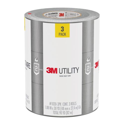3M Utility Basic Duct Tape, 1.88 in x 30 yd, 3 Rolls, Moisture Resistant, Great for Light Duty Temporary Indoor Repairs for Tile, Laminate, Plastic, Wood, and Glass, Tear by Hand (1030-3PK)