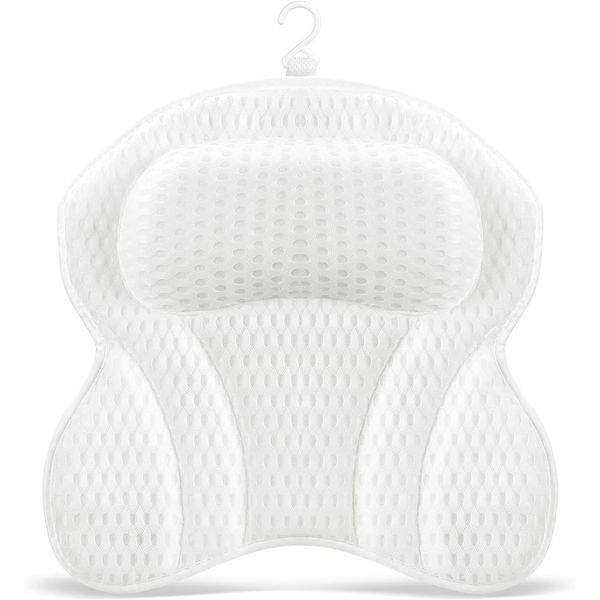 SwiftComfort Luxury Bath Pillow, Ergonomic Bathtub Spa Pillow with 4D Air Mesh Technology and 6 Suction Cups, Helps Support Head, Back, Shoulder Neck, Fits All Bathtub, Hot Tub Home, White