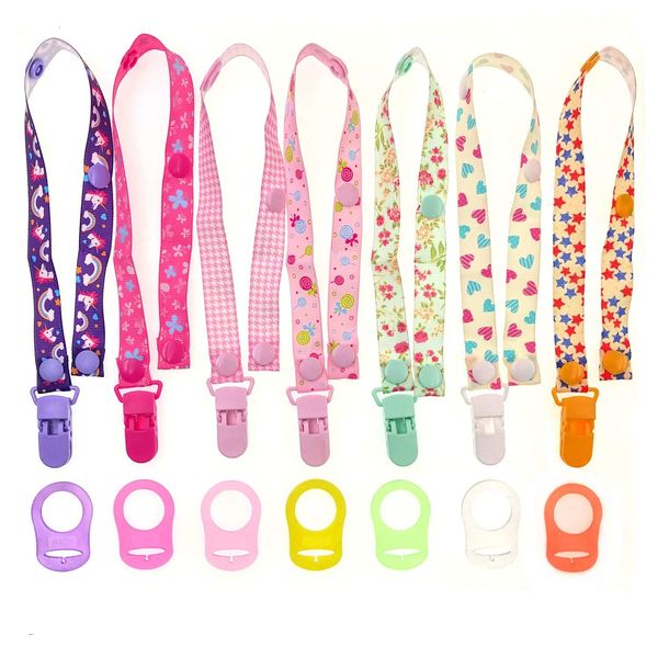 JZK 7 x Multicolor Silicone Baby Dummy Clip Ring for Girls + 7 x Pacifier Clip Dummy Holder Straps for Girls, Suitable for Baby mam soothers