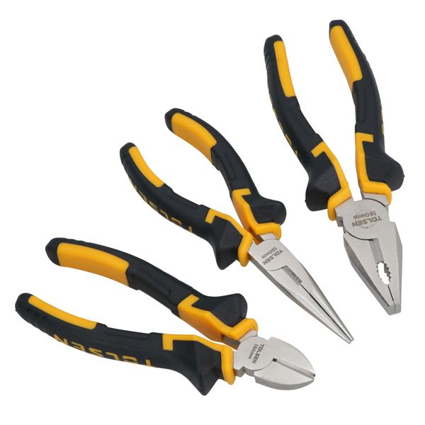 3pc Plier Set Combination/Long Nose/Cutter Snips Cushion Soft PVC Grip