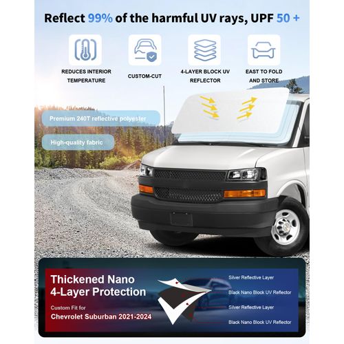 Windshield Sun Shade for Chevy Express Front Window Sunshade for 1996-2024 Chevrolet Express Cargo Van 1500, 3500, 4500, LS, LT Winter Accessories Sun Visor Protector Windshield Cover Blocks UV Ray