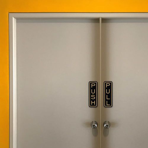 All Quality Classic Vertical Push Pull Door Signs - Great for Glass Doors | Professional Looking Signs | Easy Installation Includes Double-Sided Foam Adhesive Tape (Black/Gold) - Medium (1 Pack)