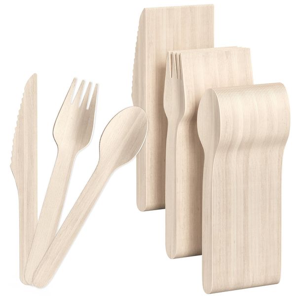 150 PCS Wooden Cutlery Set Disposable, Bamboo Cutlery Set for Party Picnic, Eco Friendly Biodegradable Cutlery, Disposable Wooden Cutlery Set for 50 Forks, 50 Spoons, 50 Knives, Compostable Cutlery