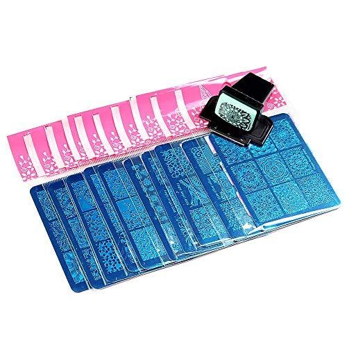 Finger Angel 10PCS Nail Art Stamping Plates Templates Set Lace Flower Flora Pattern Nail Stamp Plate for DIY Nail Decoration+1Pcs Nail Stamper